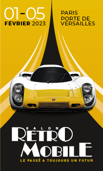 Affiche du salon rétromobile 2023 avec une voiture blanche sur fond jaune et texte achetez votre billet 