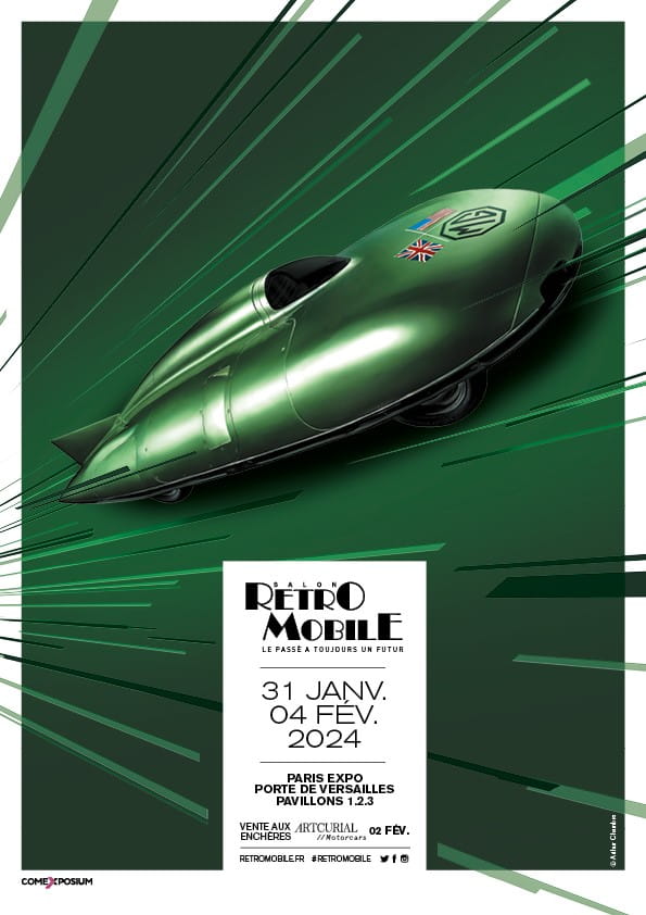 Affiche du salon rétromobile 2024 avec une automobile de la marque MG verte sur fond vert